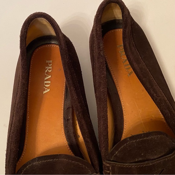 PRADA SHOES LOAFERS FLATS BROWN SUEDE LEATHER RUBBER SOLE ITALY SIZE 41 10.5 - Picture 11 of 13